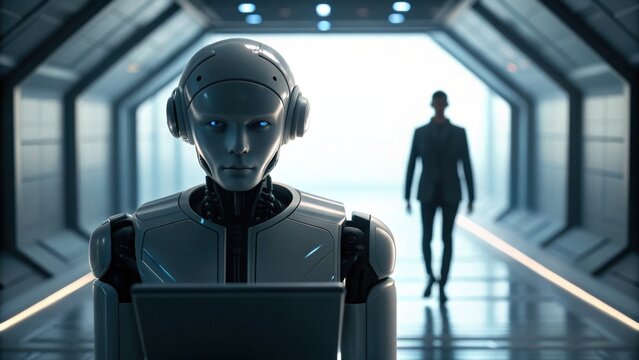 A futuristic robot interacts with technology while a human figure walks in a dimly lit corridor, emphasizing the relationship between humans and AI.