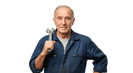 Mechanic holding wrench isolated on transparent background, looking at camera