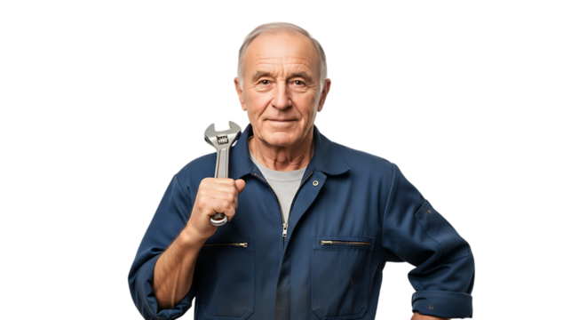 Mechanic holding wrench isolated on transparent background, looking at camera