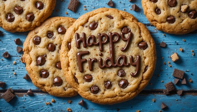 Close up of chocolate chip cookies arranged on a rustic blue wooden surface with happy friday