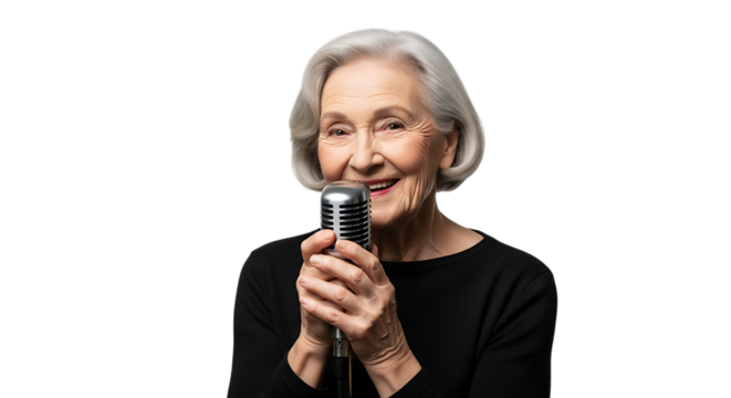 Happy senior woman singing into a microphone isolated on transparent background