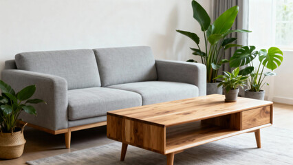 Modern living room with gray sofa, wooden coffee table, and indoor plants