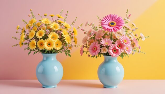 Two vases with vibrant pink and yellow daisies arranged beautifully against a soft gradient - Powered by Adobe