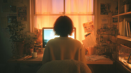 パソコンを操作する女性の後ろ姿