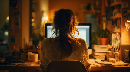 パソコンを操作する女性の後ろ姿