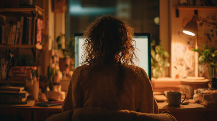 パソコンを操作する女性の後ろ姿