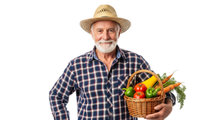 Happy senior farmer holding basket with vegetables isolated on transparent background
