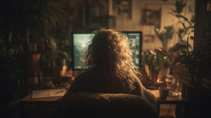 パソコンを操作する女性の後ろ姿