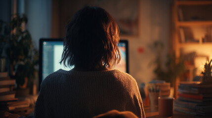 パソコンを操作する女性の後ろ姿