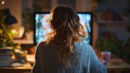 パソコンを操作する女性の後ろ姿