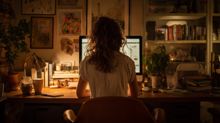 パソコンを操作する女性の後ろ姿