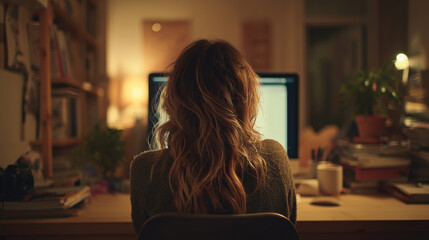 パソコンを操作する女性の後ろ姿