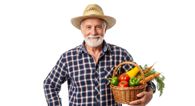 Happy senior farmer holding basket with vegetables isolated on transparent background - Powered by Adobe