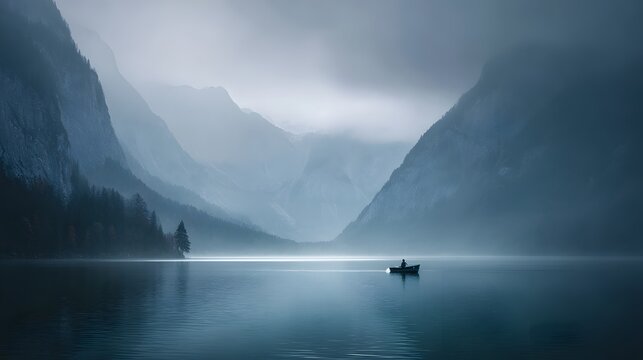 Solitary figure paddles small boat across vast, misty alpine lake surrounded by towering mountains
