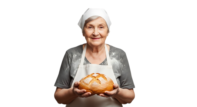 Elderly woman holding a loaf of bread isolated on transparent background