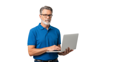 Man with glasses using laptop isolated on transparent background