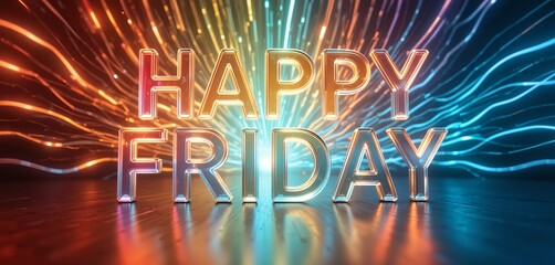Illuminated vibrant neon text wishing happy friday with colorful light streak background