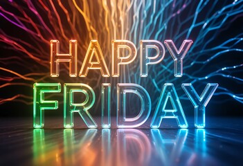 Vibrant glowing neon light artwork celebrating joyful happy friday message in darkness