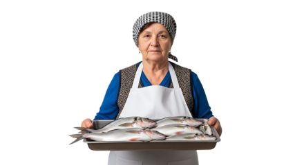 Elderly woman holding a tray full of fish isolated on transparent background