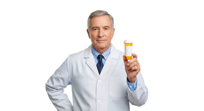 Pharmacist holding a medicine bottle isolated on transparent background