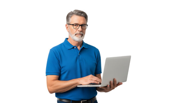 Man with glasses using laptop isolated on transparent background