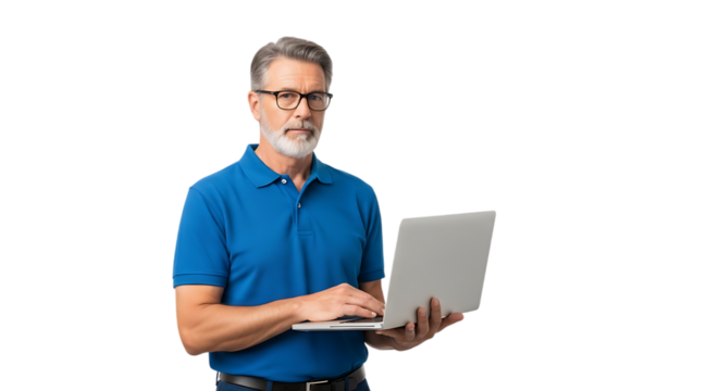 Man with glasses using laptop isolated on transparent background