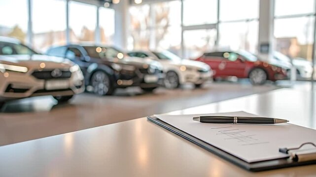 Modern car dealership showroom with a focus on a contract and pen on the sales desk, symbolizing the process of buying a new vehicle and finalizing an automotive agreement