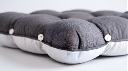 Obraz premium Puffy upholstered seat cushion features tufted gray fabric with contrasting white underside and accent buttons