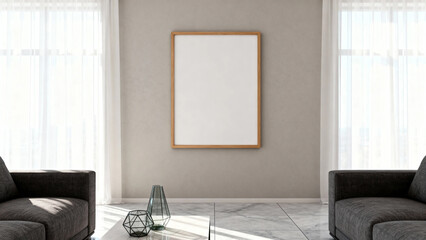 Minimalist living room with empty framed artwork on a neutral wall, flanked by two sofas and natural light from windows.