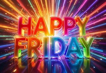 vibrant colorful happy friday text with dynamic radiant light streaks vibrant celebration background