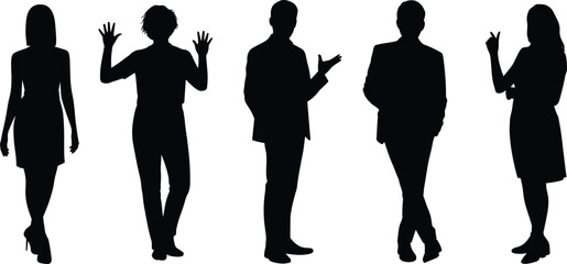 Business gesture silhouettes, professional figure icons, body language graphics, black design, workplace symbols, minimal style, vector corporate set © Mahidul