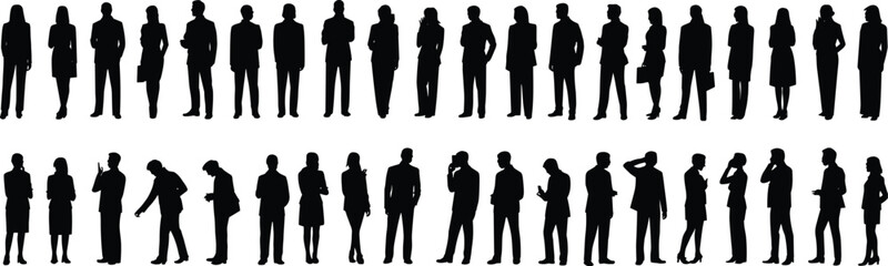 Black silhouette people, diverse standing poses, body language illustration, gesture variety, human posture set, white background, design resource, vector art © Mahidul