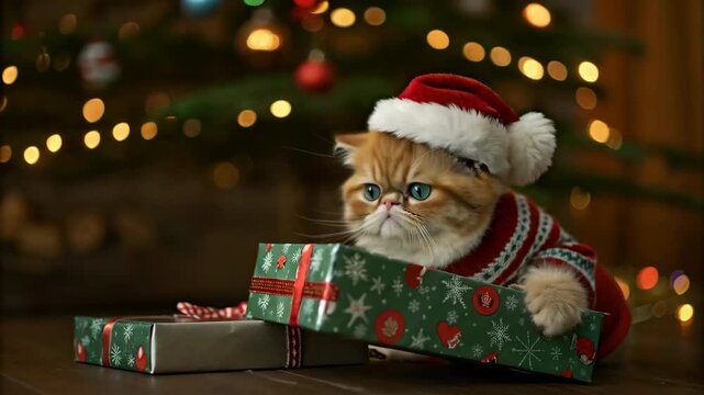 Cute Christmas kitten inspecting gift box. Adorable festive cat looking at Christmas present. Sweet holiday kitten near Christmas tree with gift. Very cute and sweet llitle funny Christmas kitten 