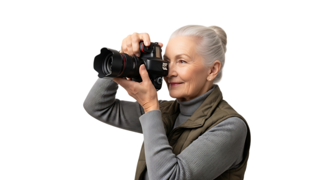 Elderly woman taking a photo with professional camera isolated on transparent background