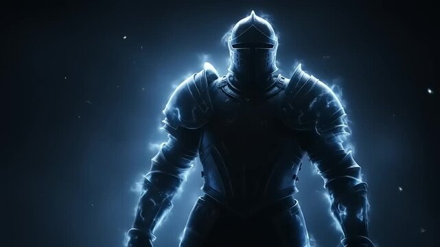 Mysterious Knight in Glowing Armor Silhouette Against Dark Background.
