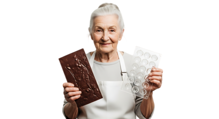 Senior woman with chocolate bar isolated on transparent background holding mold
