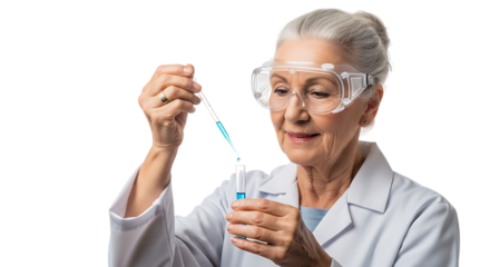 Senior woman scientist with pipette isolated on transparent background doing experiment