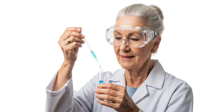 Senior woman scientist with pipette isolated on transparent background doing experiment