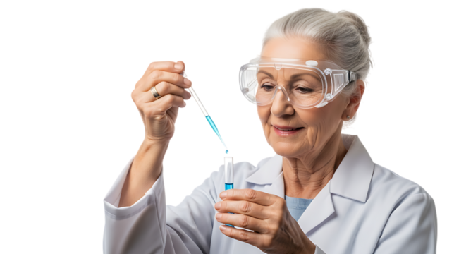 Senior woman scientist with pipette isolated on transparent background doing experiment