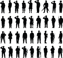 Military silhouette character set, black soldier poses, saluting and weapon icons, armed forces illustration grid, tactical visual, vector design