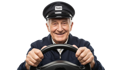 Smiling elderly taxi driver holding steering wheel isolated on transparent background