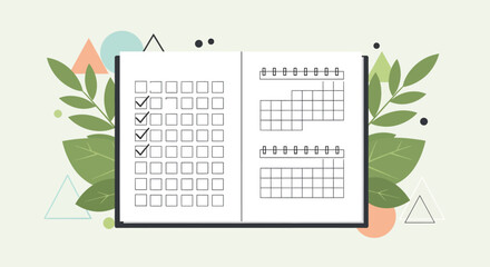 Digital Planner Illustration Calendar and Checklist for Time Management. Organize daily tasks, track habits, and boost personal productivity with this modern design featuring natural elements
