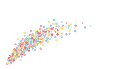 A dynamic burst of pastel colored geometric particles, circles, and triangles creating an abstract celebratory design on a white background