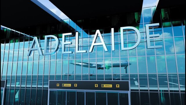 Airlane landing at Adelaide. Arrival in the city with reflection of airport and aircraft