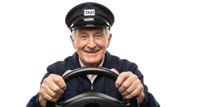 Smiling elderly taxi driver holding steering wheel isolated on transparent background