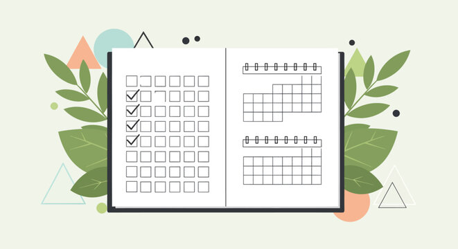 Digital Planner Illustration Calendar and Checklist for Time Management. Organize daily tasks, track habits, and boost personal productivity with this modern design featuring natural elements