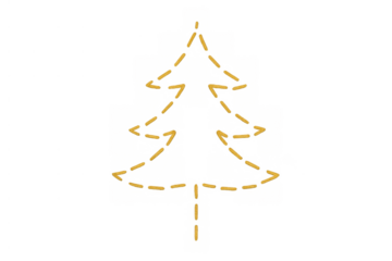 Christmas tree outline drawing with a stitched, dotted line pattern on a transparent background for festive design