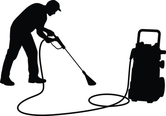 Pressure washer silhouette, cleaning equipment illustration, outdoor maintenance, black and white art, sanitation task, hose, spray wand, person working, driveway, hygiene