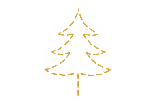 Christmas tree outline drawing with a stitched, dotted line pattern on a transparent background for festive design