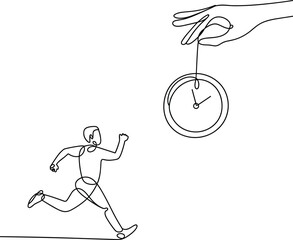 Time pressure illustration, chasing clock concept, minimalist line art, urgency, control, productivity, black and white vector, running figure, deadline, stress